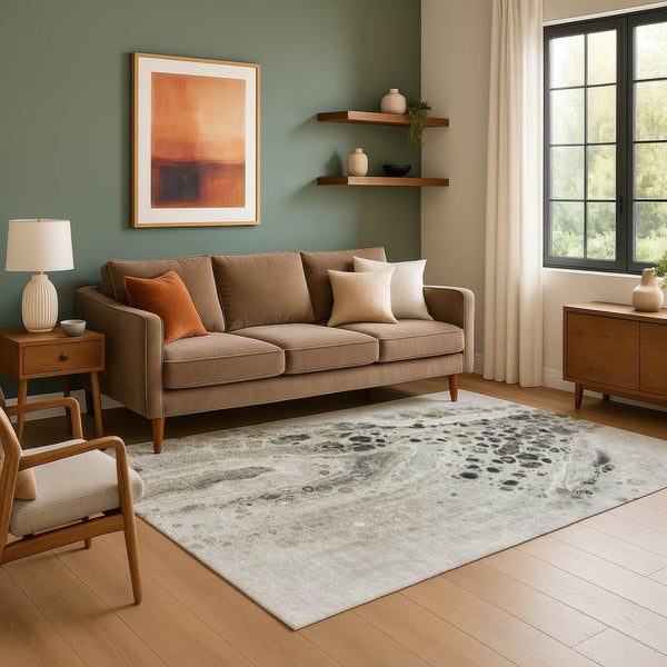 HomeRoots 5' X 8' Stylish Taupe Gray & Silver Abstract Area Rug - Washable, UV-Protected, Durable Design! 708579