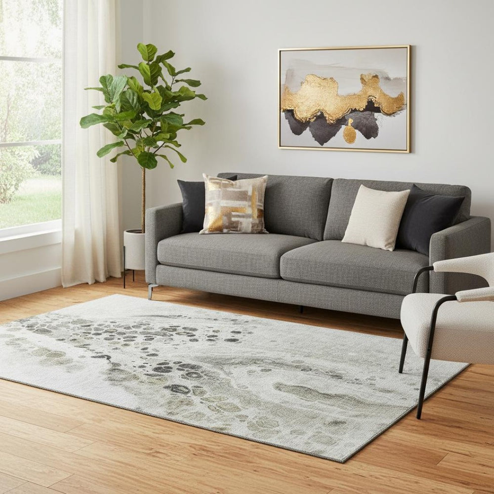 HomeRoots 8' Stylish Taupe Gray & Silver Abstract Washable Round Rug with UV Protection for Modern Spaces 708580