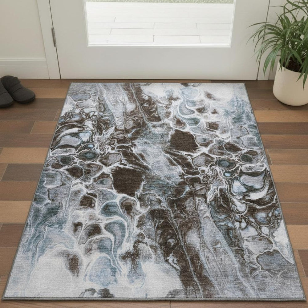 HomeRoots 5' X 8' Washable Area Rug – Stylish Chocolate, Blue & Gray Abstract Design with UV Protection & Non-Slip Backing 708585