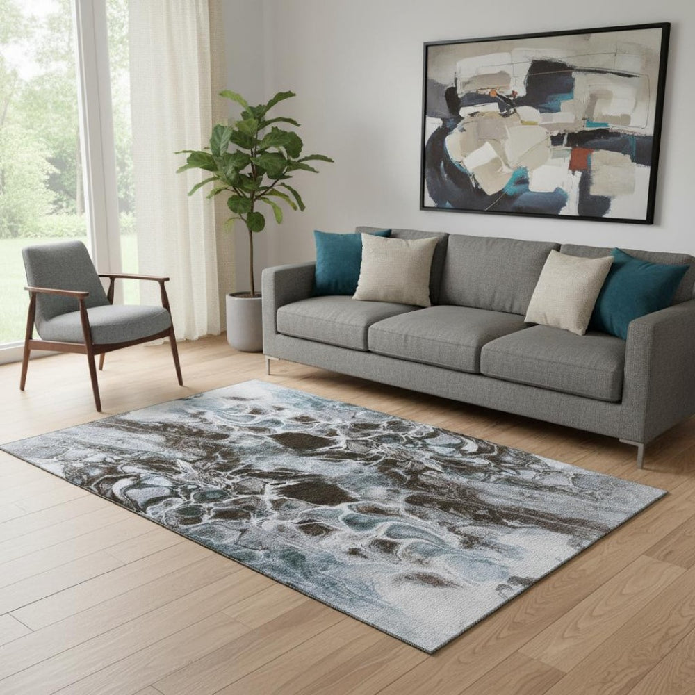 HomeRoots 8' Contemporary Abstract Washable Round Rug in Chocolate, Blue & Gray - UV Protected, Family Friendly! 708586
