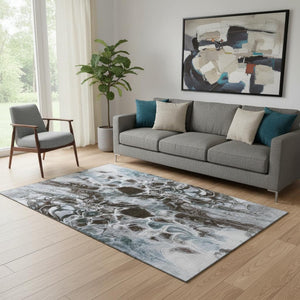 HomeRoots 8' Contemporary Abstract Washable Round Rug in Chocolate, Blue & Gray - UV Protected, Family Friendly! 708586