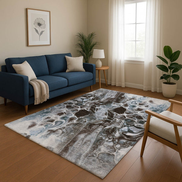 HomeRoots 8' Contemporary Abstract Washable Round Rug in Chocolate, Blue & Gray - UV Protected, Family Friendly! 708586
