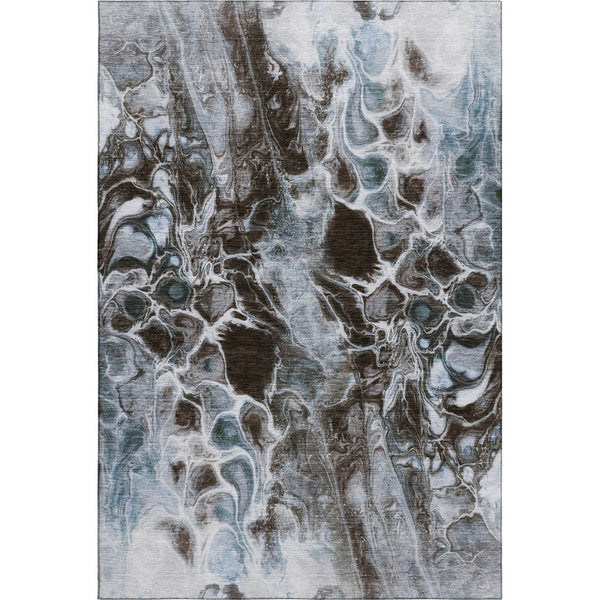 HomeRoots 8' Contemporary Abstract Washable Round Rug in Chocolate, Blue & Gray - UV Protected, Family Friendly! 708586