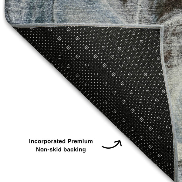 HomeRoots 8' Contemporary Abstract Washable Round Rug in Chocolate, Blue & Gray - UV Protected, Family Friendly! 708586