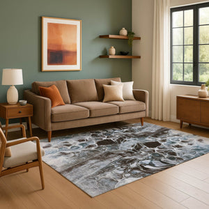 HomeRoots 8' Contemporary Abstract Washable Round Rug in Chocolate, Blue & Gray - UV Protected, Family Friendly! 708586
