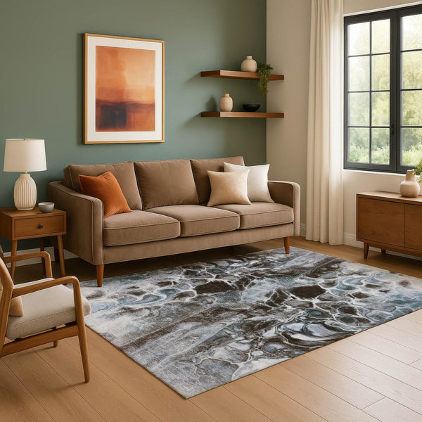 HomeRoots 8' Contemporary Abstract Washable Round Rug in Chocolate, Blue & Gray - UV Protected, Family Friendly! 708586