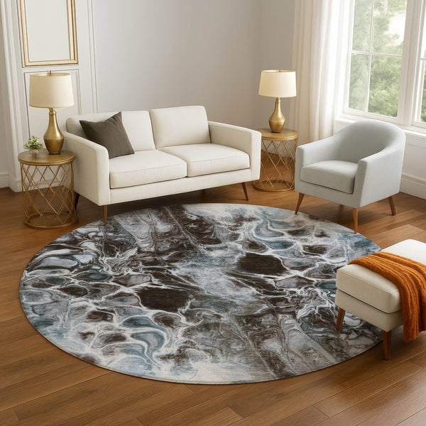 HomeRoots 8' X 10' Modern Abstract Washable Area Rug - Chocolate, Blue, and Gray with UV Protection & Stain Resistance 708587