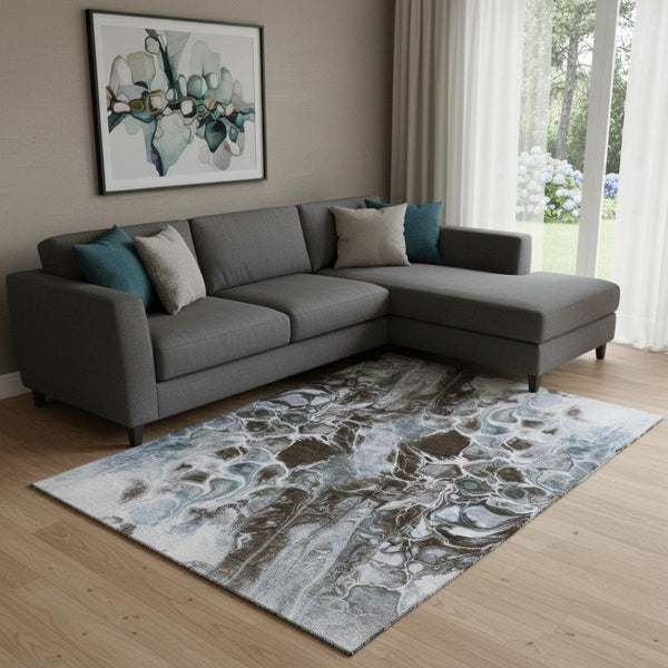 HomeRoots 9' X 12' Washable Chocolate Blue & Gray Abstract Area Rug with UV Protection for High-Traffic Rooms 708588
