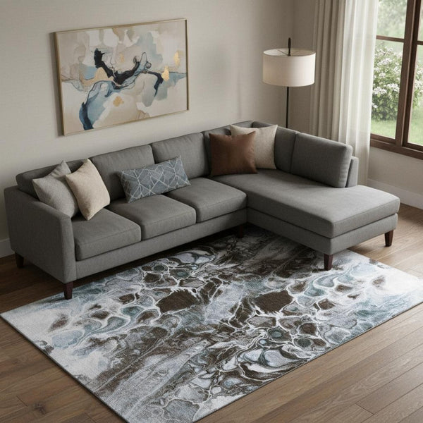 HomeRoots 10' X 14' Washable Area Rug in Chocolate, Blue & Gray with UV Protection for Stylish, Durable Living 708589