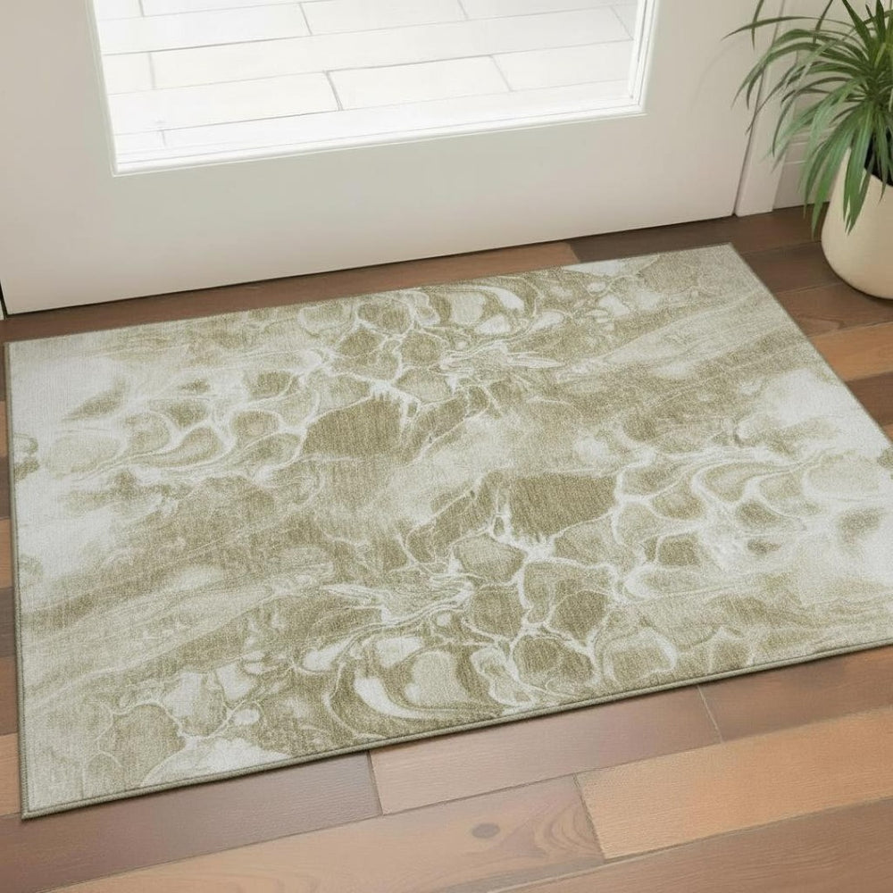 HomeRoots 5' X 8' Khaki & Ivory Abstract Area Rug - Stylish, Washable, UV-Protected, Kid & Pet-Friendly Design 708591