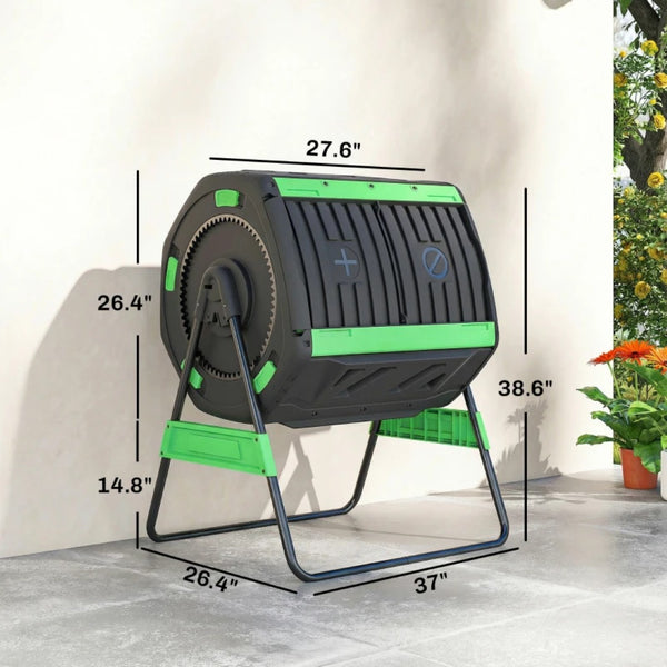 English Elm Dual Chamber Tumbling Composter with 53 Gallon Rotating Drums on Powder Coated Stand Black+Green T3971P467334