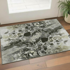 HomeRoots 5' X 8' Abstract Washable Area Rug in Pewter, Black & Silver - UV Protection & Non-Slip Backing! 708597