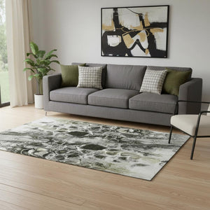 HomeRoots 8' Stylish Abstract Washable Round Rug in Pewter, Black & Silver - UV Protected & Low Maintenance! 708598