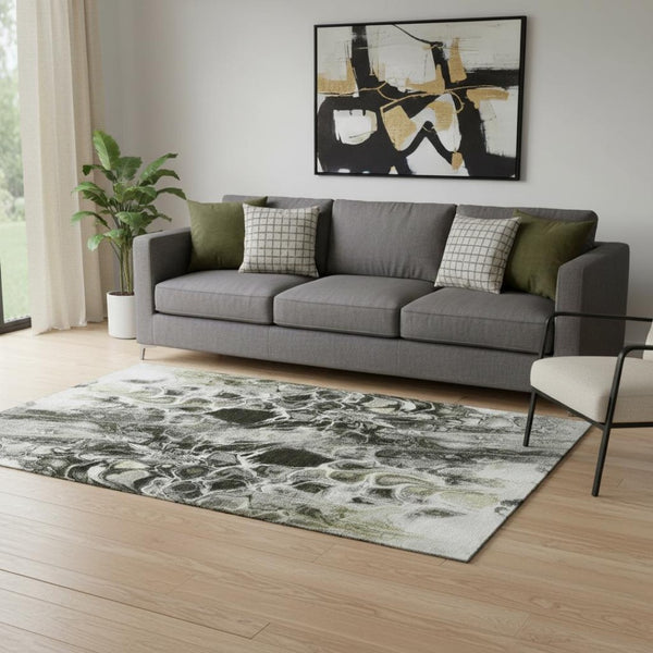 HomeRoots 8' Stylish Abstract Washable Round Rug in Pewter, Black & Silver - UV Protected & Low Maintenance! 708598