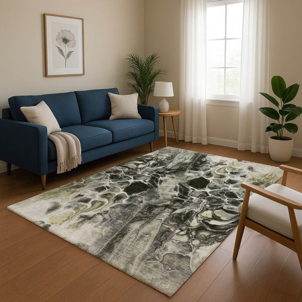 HomeRoots 8' Stylish Abstract Washable Round Rug in Pewter, Black & Silver - UV Protected & Low Maintenance! 708598