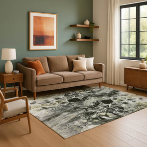 HomeRoots 8' Stylish Abstract Washable Round Rug in Pewter, Black & Silver - UV Protected & Low Maintenance! 708598
