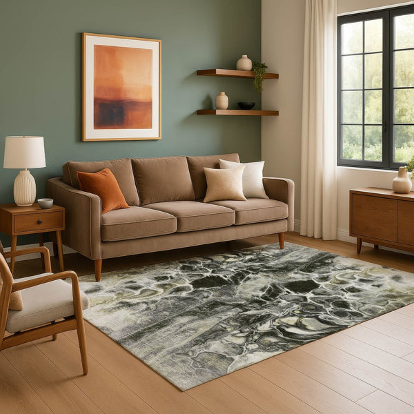 HomeRoots 8' Stylish Abstract Washable Round Rug in Pewter, Black & Silver - UV Protected & Low Maintenance! 708598