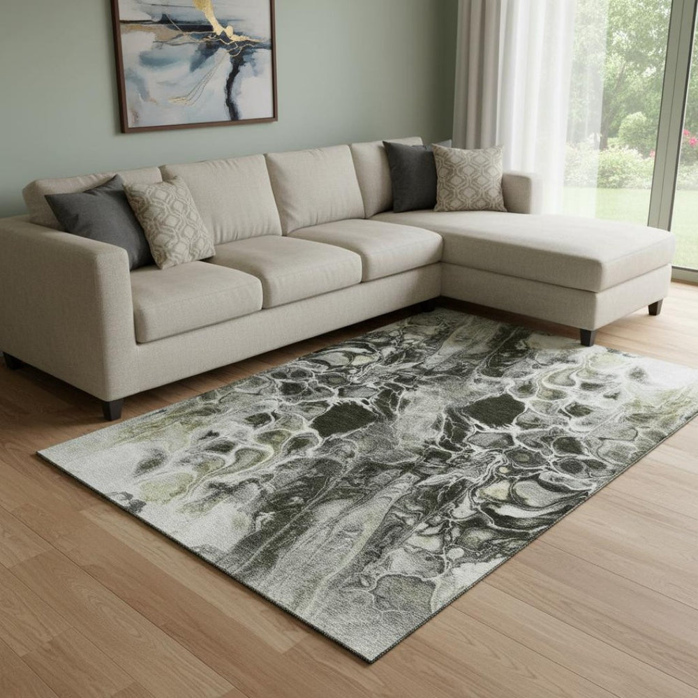 HomeRoots 9' X 12' Stylish Pewter Black Silver Abstract Washable Area Rug with UV Protection for Homes 708600