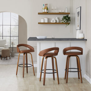 English Elm Fixed-height Swivel Barstools Walnut Bentwood Camel Faux Leather Kitchen Set of 2 B202S01857