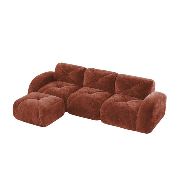 English Elm L-shaped Velvet Sectional Sofa Tufted Modular Seating with Ottoman for Living Room Red+Brown W714S01608