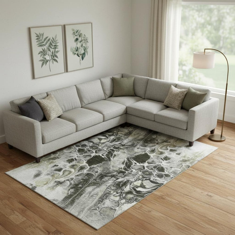 HomeRoots 10' X 14' Stylish Pewter Black & Silver Abstract Area Rug – Washable, UV Protected & Durable Design 708601