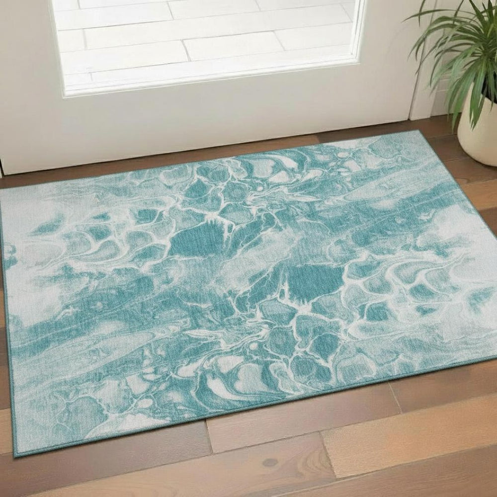 HomeRoots 5' X 8' Teal and Ivory Abstract Area Rug - Washable, Stain-Resistant, UV Protected for Stylish Homes 708603