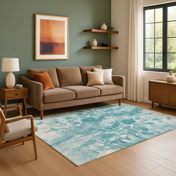 HomeRoots 5' X 8' Teal and Ivory Abstract Area Rug - Washable, Stain-Resistant, UV Protected for Stylish Homes 708603