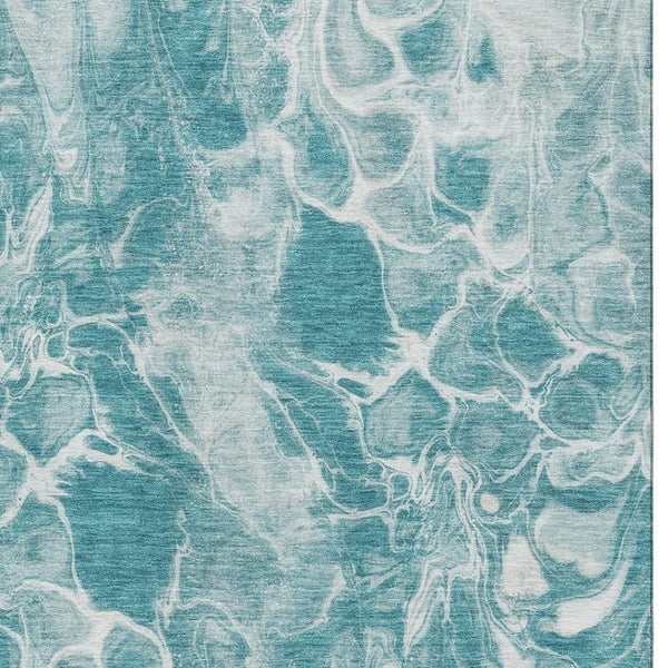 HomeRoots 8' Teal And Ivory Abstract Round Washable Rug with UV Protection for Modern Living Spaces 708604