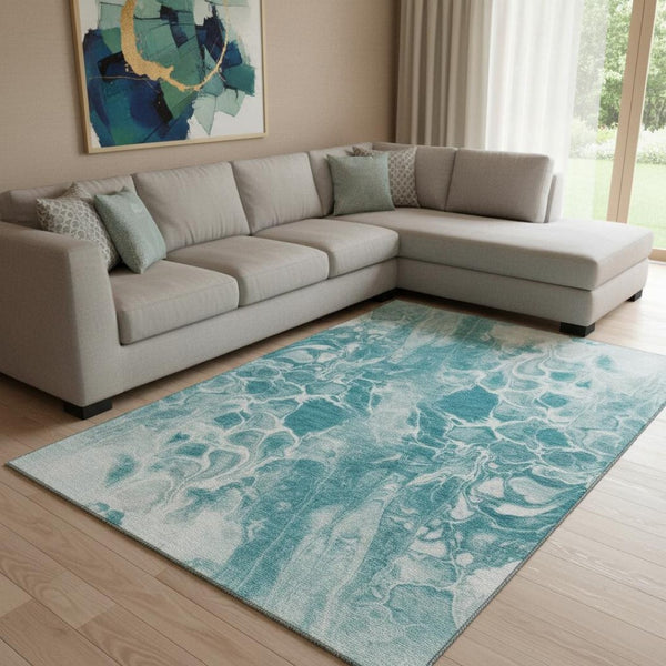 HomeRoots 9' X 12' Teal & Ivory Abstract Area Rug – Durable, Washable, UV-Protected for Family-Friendly Spaces 708606