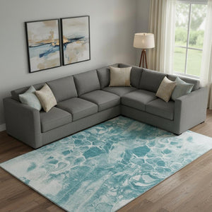 HomeRoots 10' X 14' Teal And Ivory Abstract Area Rug - Durable, Stain-Resistant with UV Protection for Homes 708607