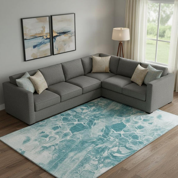HomeRoots 10' X 14' Teal And Ivory Abstract Area Rug - Durable, Stain-Resistant with UV Protection for Homes 708607