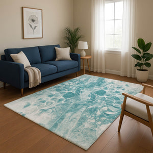 HomeRoots 10' X 14' Teal And Ivory Abstract Area Rug - Durable, Stain-Resistant with UV Protection for Homes 708607