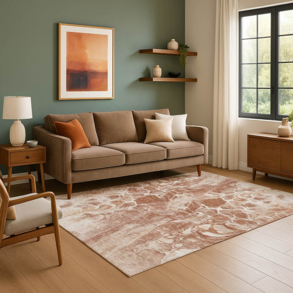 HomeRoots 5' Terra Cotta & Ivory Abstract Area Rug - Washable, UV Protected, Stain Resistant for Busy Homes 708609