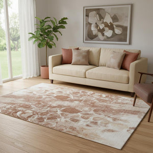 HomeRoots 8' Terra Cotta & Ivory Abstract Washable Round Rug - Soft, Durable, Stylish with UV Protection! 708610