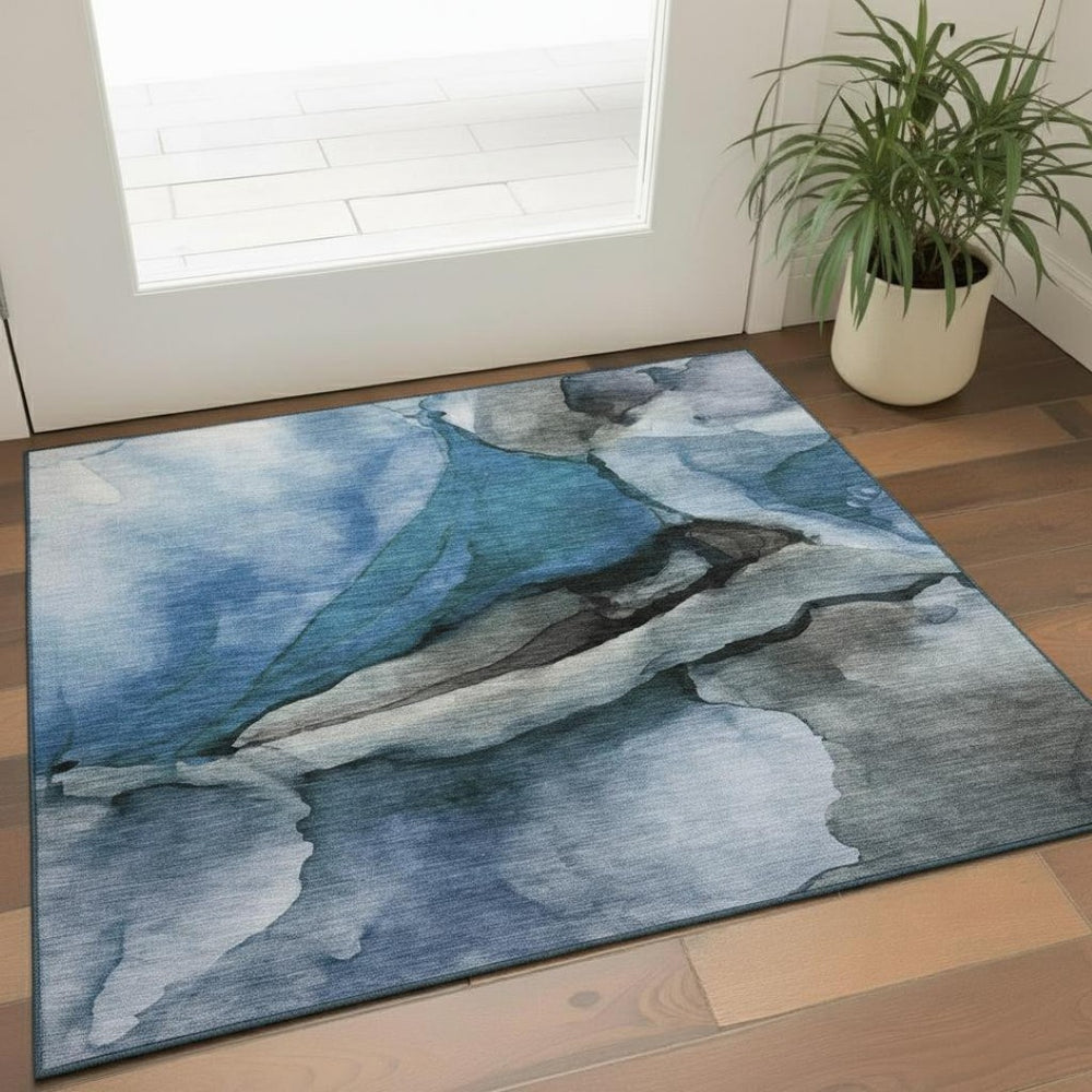HomeRoots 5' X 8' Contemporary Blue Gray and Silver Abstract Area Rug - Washable, UV-Protected & Stain-Resistant! 708615