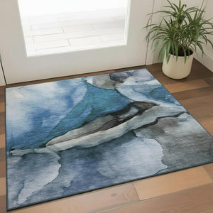 HomeRoots 5' X 8' Contemporary Blue Gray and Silver Abstract Area Rug - Washable, UV-Protected & Stain-Resistant! 708615