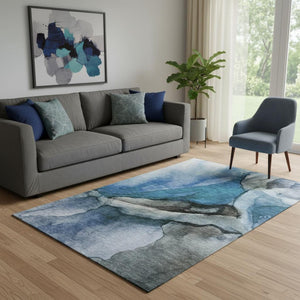 HomeRoots 8' Blue Gray and Silver Abstract Round Rug – Washable, UV Protected, Durable, Modern Home Decor Piece 708616