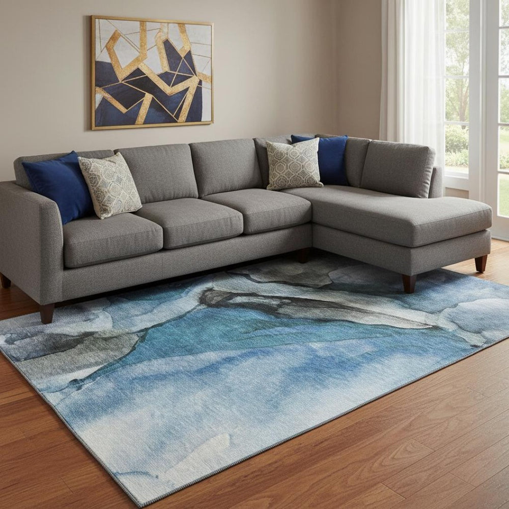 HomeRoots 9' X 12' Washable Blue Gray & Silver Abstract Area Rug - UV Protected, Stain Resistant Comfort & Style 708618