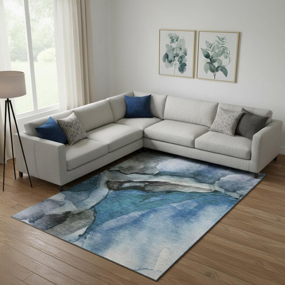 HomeRoots 10' Washable Blue-Gray and Silver Abstract Area Rug with UV Protection for Family Spaces & Style 708619