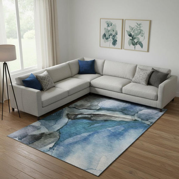HomeRoots 10' Washable Blue-Gray and Silver Abstract Area Rug with UV Protection for Family Spaces & Style 708619