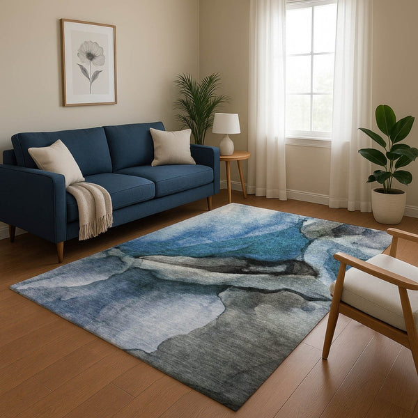 HomeRoots 10' Washable Blue-Gray and Silver Abstract Area Rug with UV Protection for Family Spaces & Style 708619