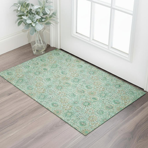 HomeRoots 5' X 8' Aqua & Beige Floral Washable Area Rug - UV Protected, Durable, Elegant Design for Homes 708639