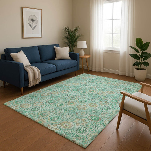 HomeRoots 5' X 8' Aqua & Beige Floral Washable Area Rug - UV Protected, Durable, Elegant Design for Homes 708639