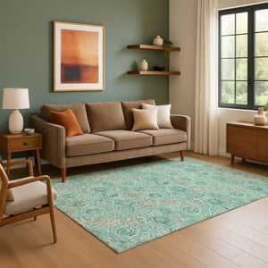 HomeRoots 5' X 8' Aqua & Beige Floral Washable Area Rug - UV Protected, Durable, Elegant Design for Homes 708639
