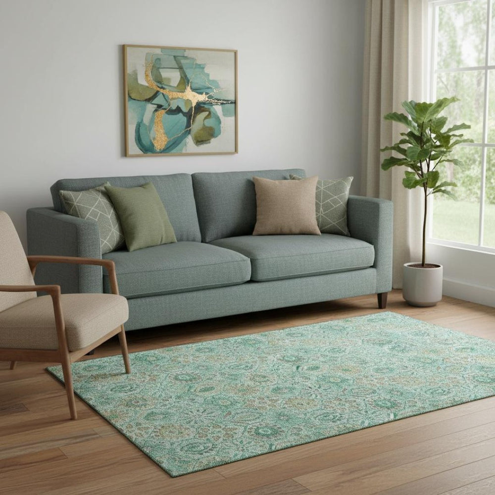 HomeRoots 8' Aqua and Beige Floral Washable Round Rug – UV Protected, Stain Resistant, Perfect for Active Homes! 708640