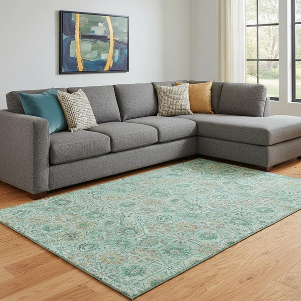 HomeRoots 9' X 12' Aqua & Beige Floral Area Rug – Washable, Stain-Resistant, UV Protected for Homes with Kids & Pets 708642