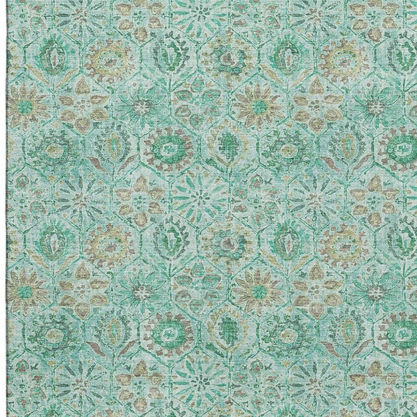 HomeRoots 9' X 12' Aqua & Beige Floral Area Rug – Washable, Stain-Resistant, UV Protected for Homes with Kids & Pets 708642