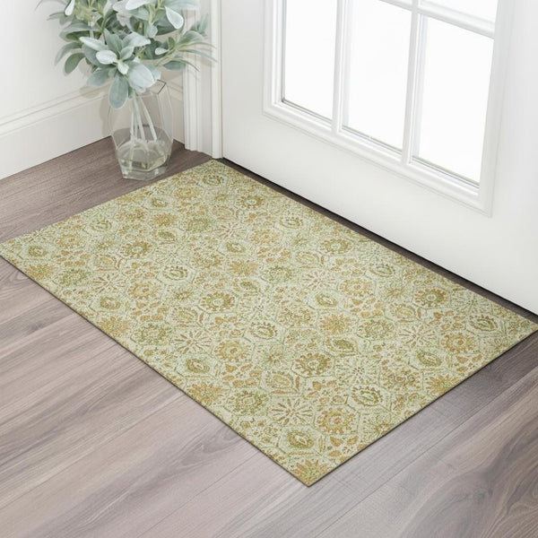 HomeRoots 5' X 8' Beige and Gold Floral Area Rug – Washable, UV-Protected, Kid & Pet-Friendly for Any Room 708645