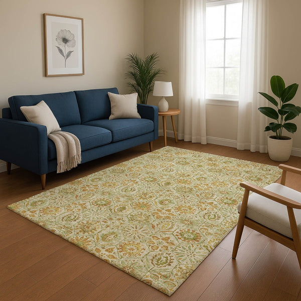 HomeRoots 5' X 8' Beige and Gold Floral Area Rug – Washable, UV-Protected, Kid & Pet-Friendly for Any Room 708645