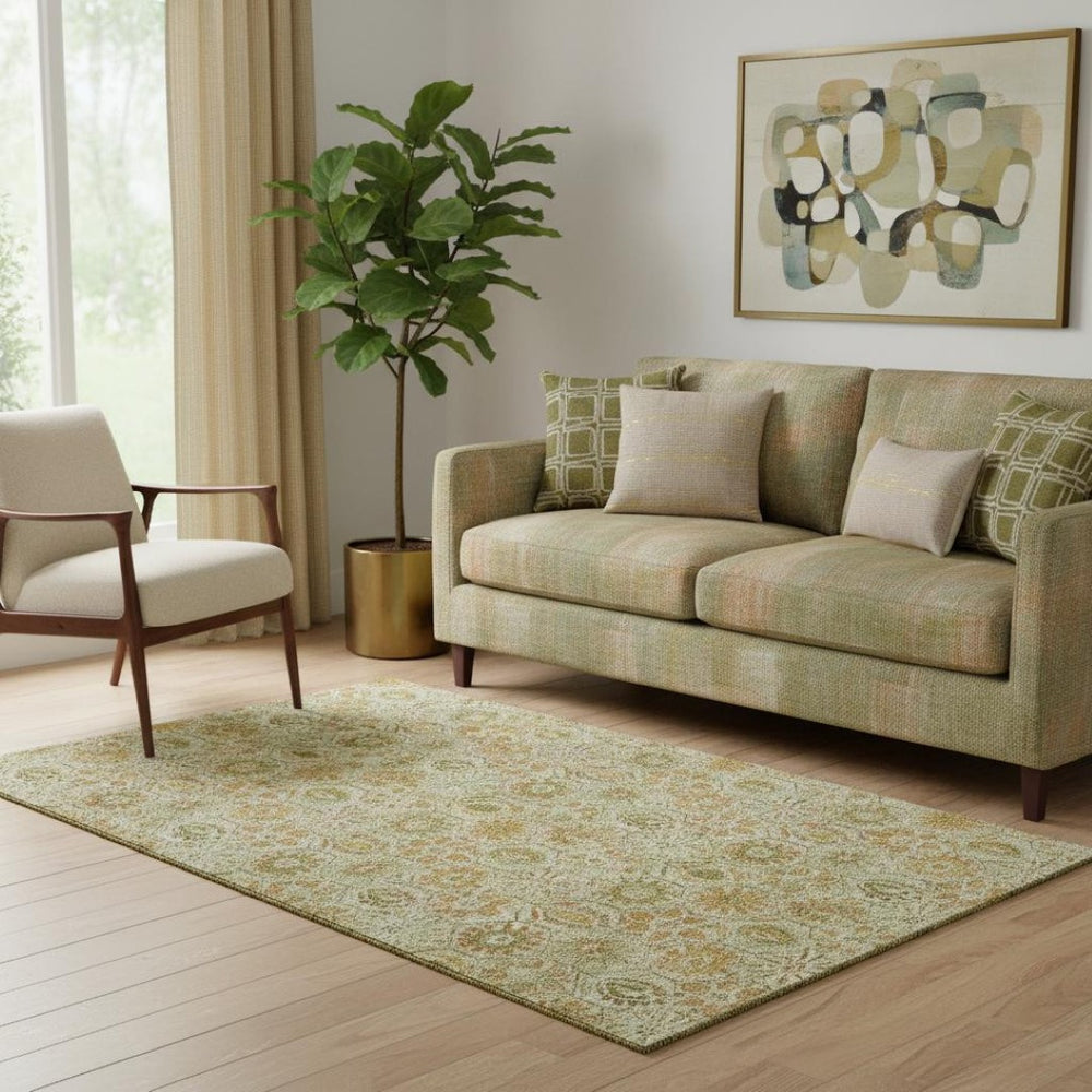 HomeRoots 8' Beige and Gold Floral Washable Round Rug – UV Protected, Stain-Resistant, Durable & Elegant Design 708646